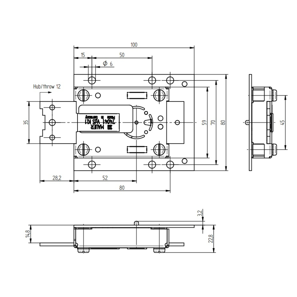 Rysunek techniczny zamka KABA MAUER 74041 Centurio 65 mm