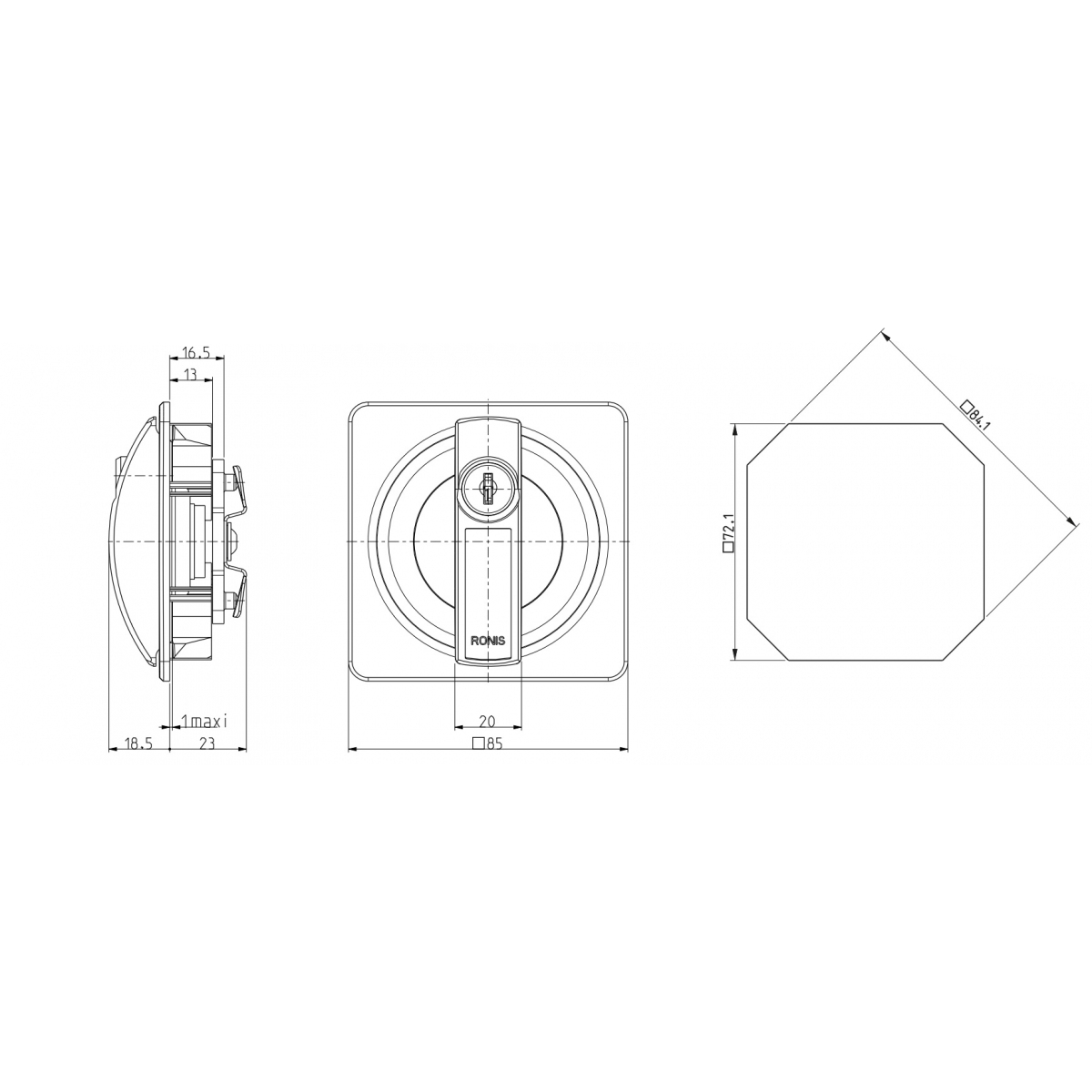 Wymiary zamka kwadratowego Ronis 23500 z krzywką prostą 57 mm